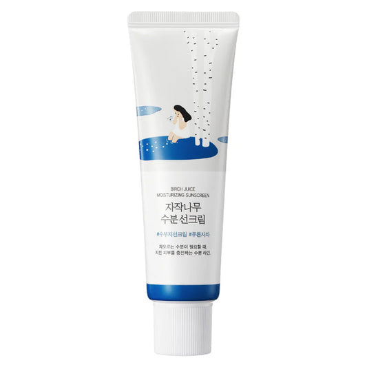 Tube de crème solaire Birch Juice Mosturizing Sunscreen de chez Round Lab Tube en plastique blanc, sur fond blanc.