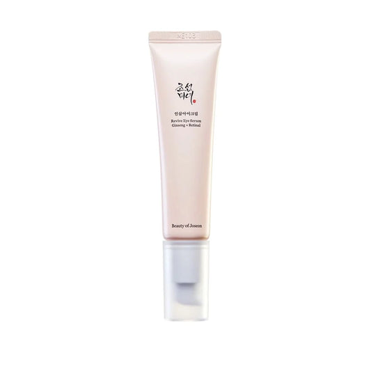 Sérum Contour des Yeux Revive Serum de chez Beauty Of Joseon, flacon en plastique rose clair avec applicateur pompe, sur fond blanc.
