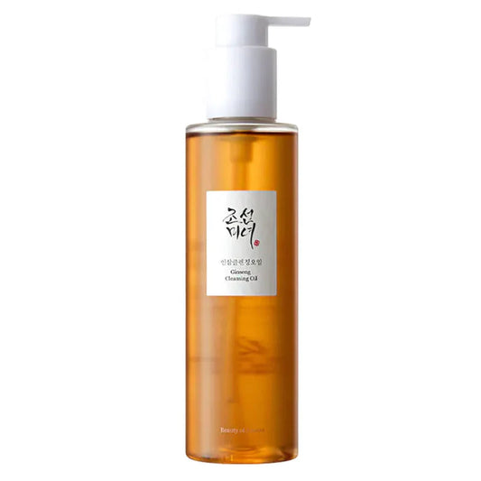Flacon pompe d'huile nettoyante BEAUTY OF JOSEON Ginseng Cleansing Oil nettoyant visage coréen à l'extrait de Ginseng, sur fond blanc épuré.