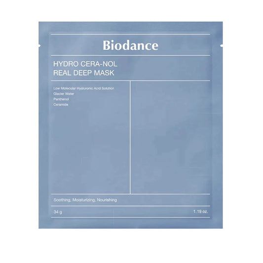 Sachet de couleur bleu du masque Hydro Cera-Nol Real Deep Mask. Image sur fond blanc.