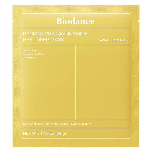 Sachet de couleur jaune du masque Radiant Vita Niacinamide Real Deep Mask. Image sur fond blanc.