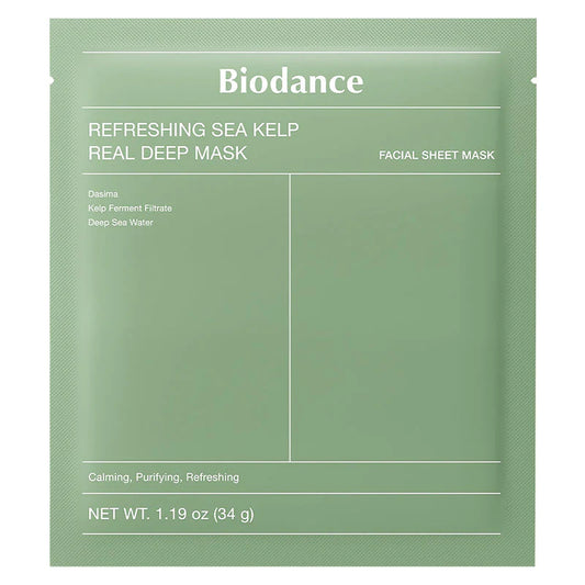 Sachet de couleur verte clair du masque Refreshing Sea Kelp Real Deep Mask de la marque BIODANCE. Image sur fond blanc.
