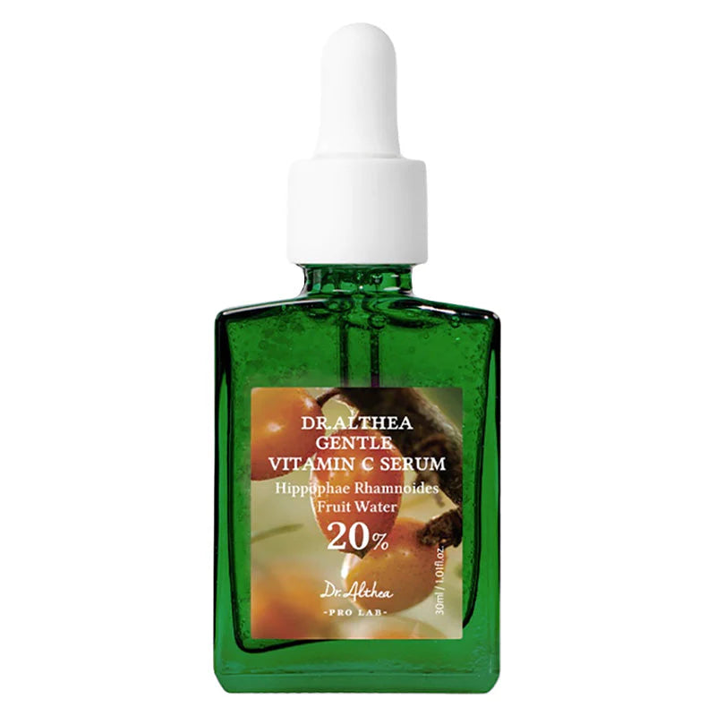 Sérum Gentle Vitamin C de chez Dr.Althea, flacon vert avec pipette sur un fond blanc.