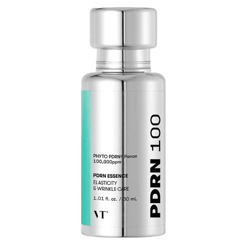 PDRN 100 Essence de VT Cosmetics, flacon en métal, sur fond blanc.
