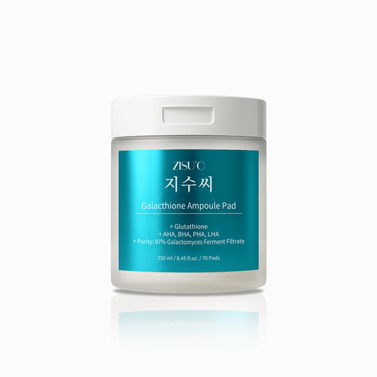 Pot de disques imprégnés ZISU'C Galacthione Ampoule Pad. Le packaging bleu turquoise indique une formule au Glutathione, AHA, BHA, PHA, LHA et 97% de filtrat de ferment Galactomyces. Contient 70 pads.