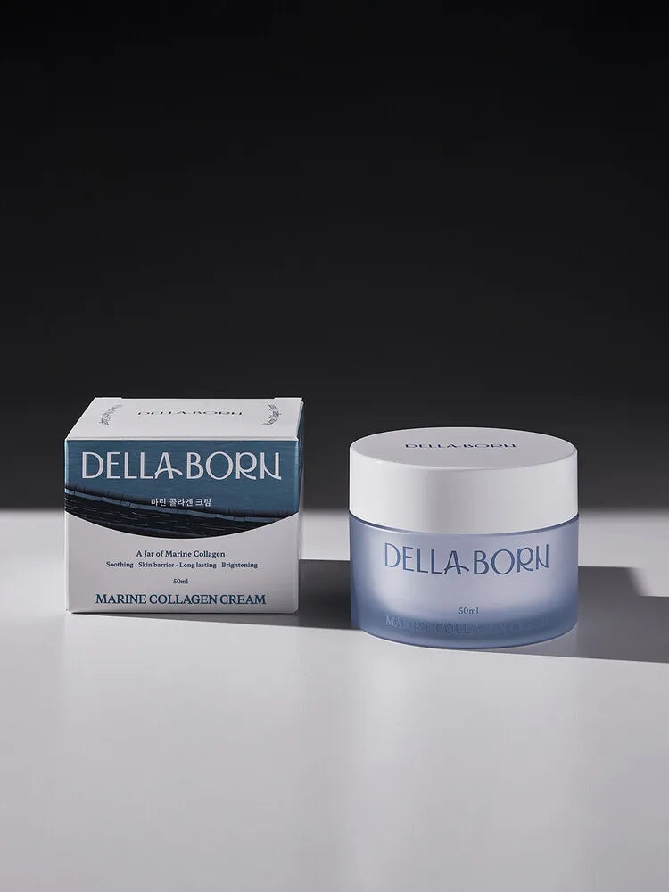 Pot et étui de la crème Marine Collagen Cream de DELLA BORN, 50ml, soin coréen anti-âge au collagène marin.