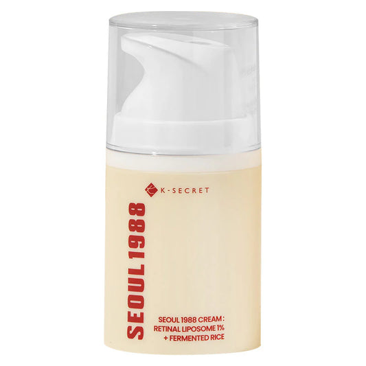 Crème visage SEOUL 1988 K-SECRET au Rétinal Liposomé 1% et Riz Fermenté, flacon pompe beige, soin coréen anti-âge alliant tradition et innovation technologique.