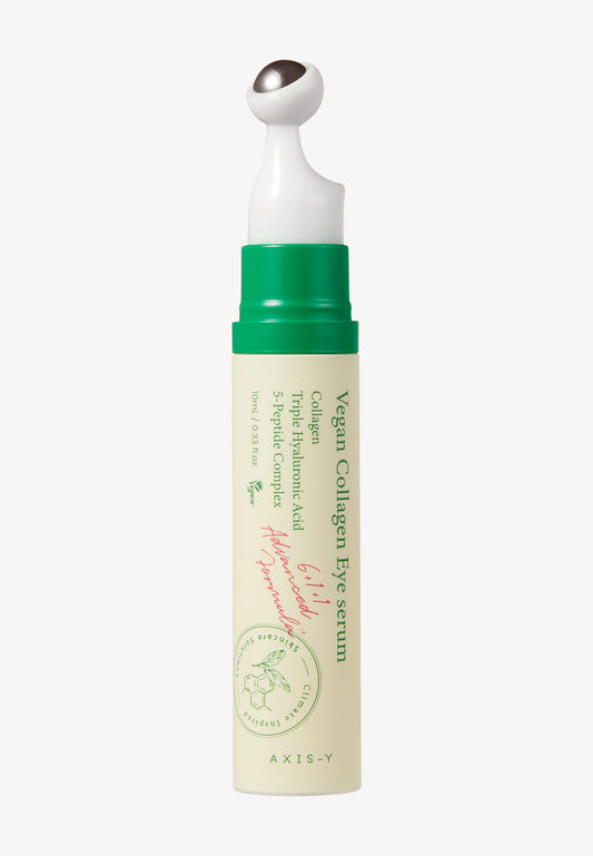 Sérum contour des yeux : Vegan Collagen Eye Serum de chez AXIS-Y, flacon en plastique crème avec applicateur bille en métal.