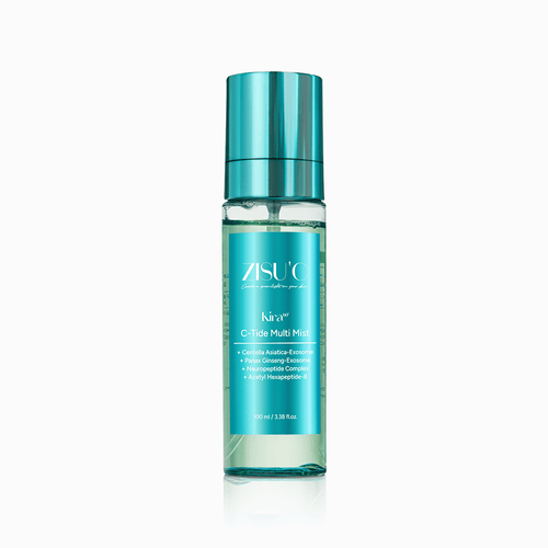 Brume Kira C-Tide Multi Mist de ZISU’C. Flacon transparent avec une étiquette bleu et capuchon bleu sur fond blanc.