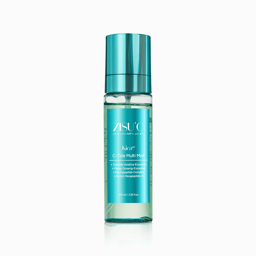 Brume Kira C-Tide Multi Mist de ZISU’C. Flacon transparent avec une étiquette bleu et capuchon bleu sur fond blanc.