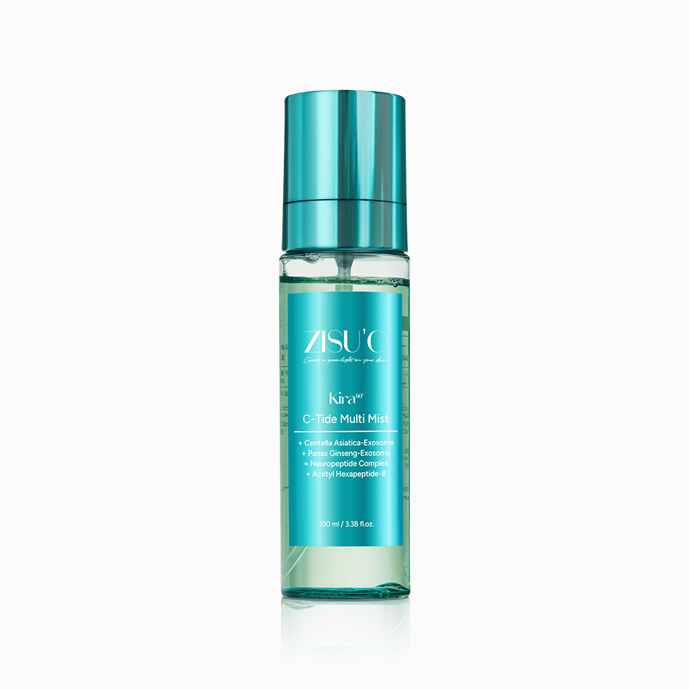 Brume Kira C-Tide Multi Mist de ZISU’C. Flacon transparent avec une étiquette bleu et capuchon bleu sur fond blanc.