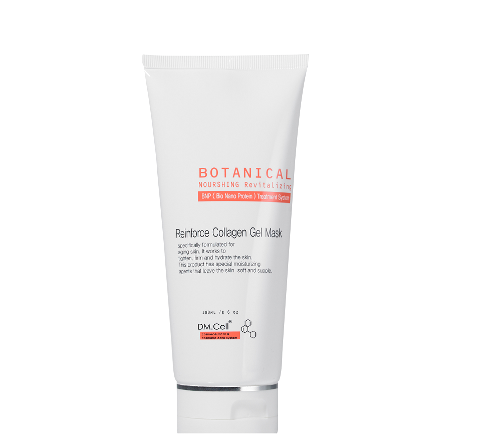 Tube de masque gel au collagène Reinforce Collagen Gel Mask de DM.Cell (180ml). Packaging blanc professionnel mentionnant Botanical Nourishing Revitalizing et le système BNP Bio Nano Protein.