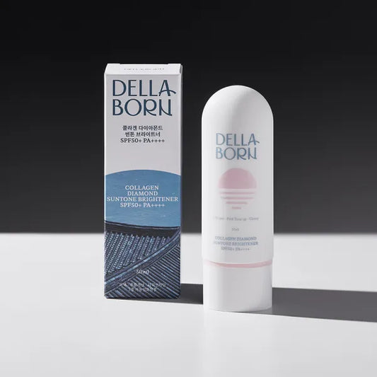 Soin solaire Collagen Diamond Suntone Brightener de DELLA Born. Flacon en plastique blanc. Sur fond noir.