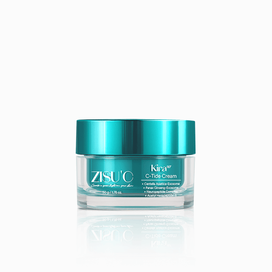 Pot en Verre Bleu Et Transparent de la crème Kira C-Tide Cream de la marque ZISU’C sur fond blanc.