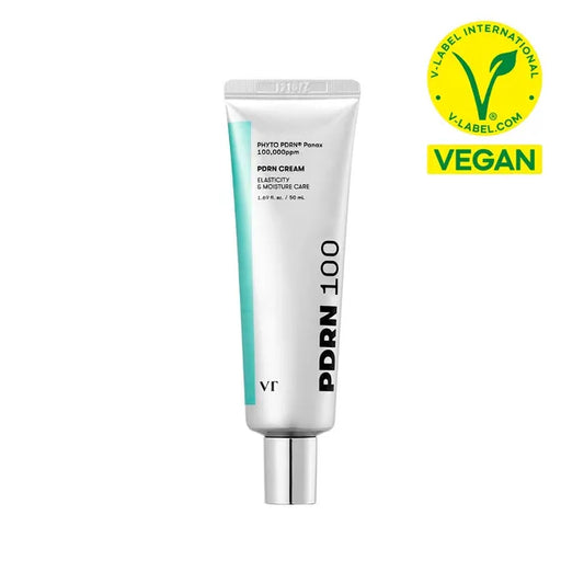 Tube de crème VT COSMETICS PDRN 100 sur fond blanc avec le label vegan