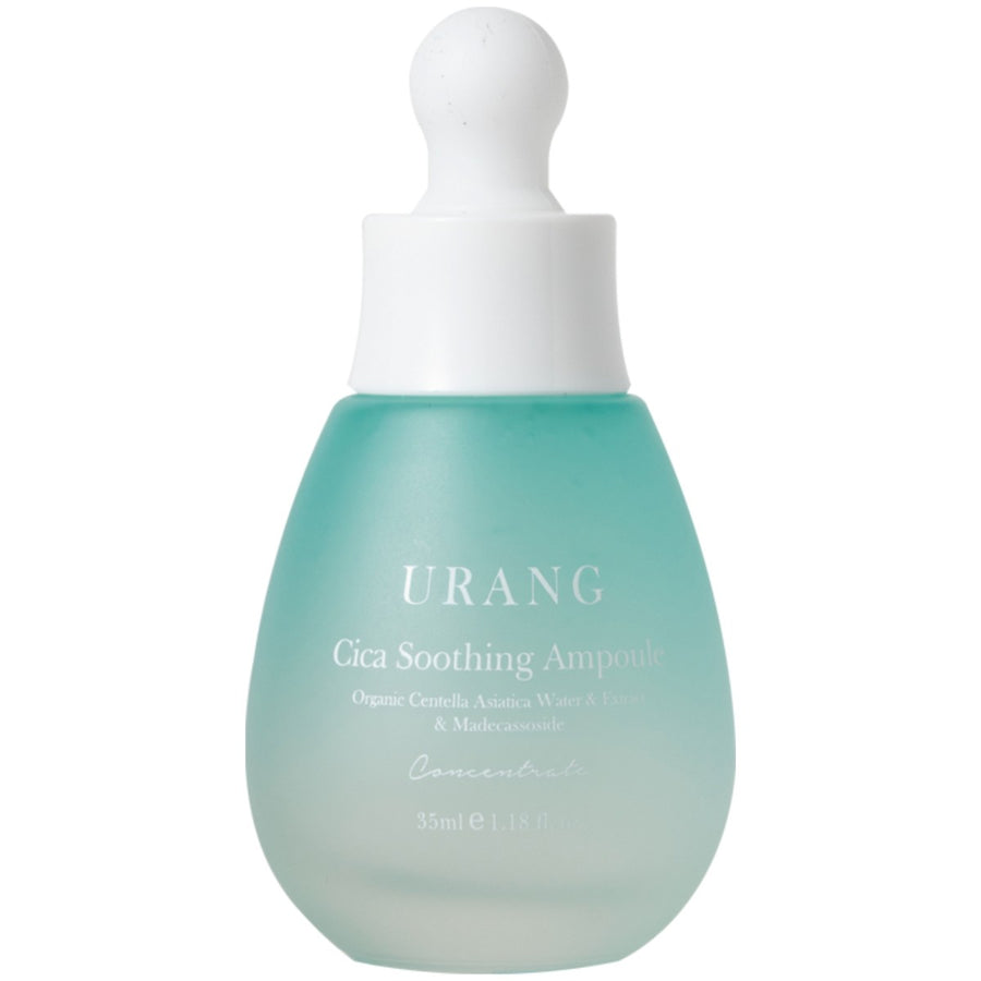 Urang cica soothing ampoule dans son packaging en verre sur fond blanc