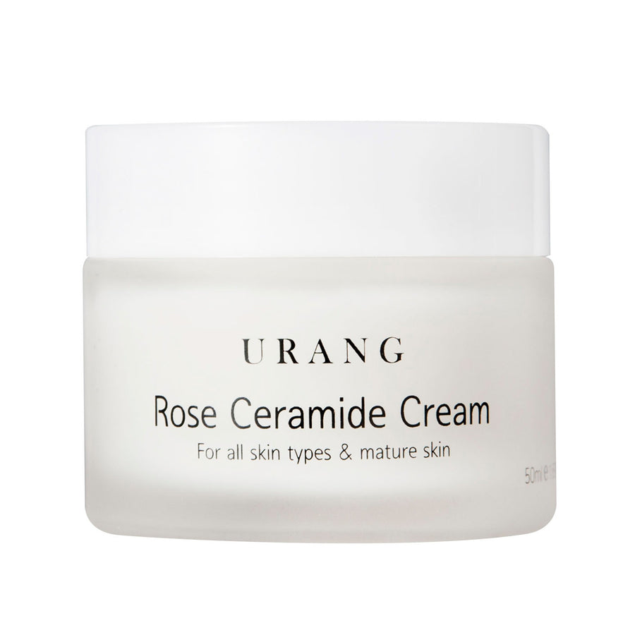 Urang Rose Ceramide Cream dans son packaging en verre sur fond blanc.