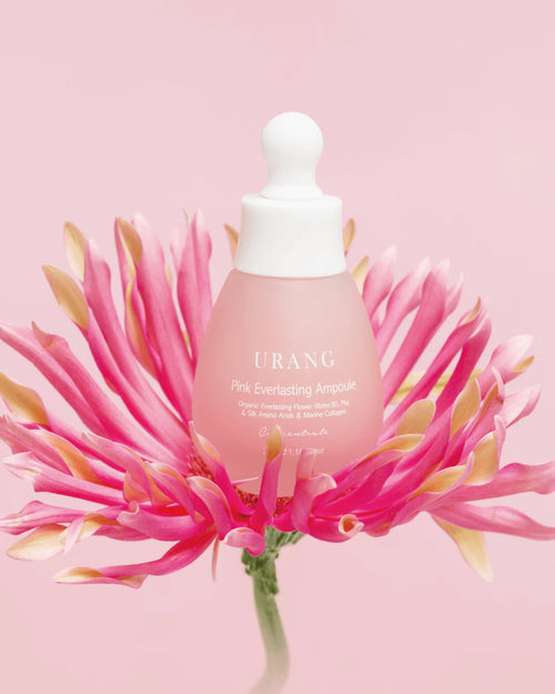 Urang Pink Everlasting Ampoule dans son packaging en verre sur une fleur rose